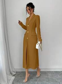 Elenzga Women's Front Button Long Sleeve Pocket Minimalist Casual Long Jacket