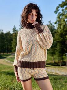 Skyraze Suéter de manga larga con cuello alto, con bloques de color y rayas trimmings - Multicolor - Ver 7