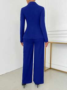 SHEIN SXY Women's Elegant Single-Breasted Notch Lapel Blazer Jacket And Pants Set Office Wear Women In Fall/Winter - Royal Blue - View 2