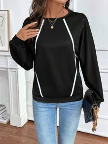 Calvaya Sudadera con cuello redondo de manga larga con empalmes geométricos en blanco y negro, para otoño/invierno
