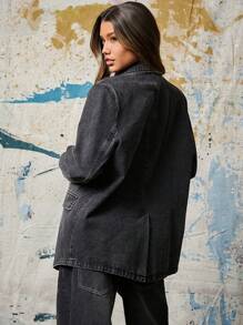 Denimoi Women Front Button Long Sleeve Denim Jacket And Blazer , Winter Fall Casual Daily Wear - Dark Wash - View 2