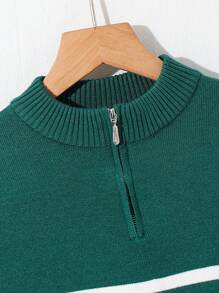 青少年男孩休闲条纹立领开衫秋冬女孩服装 - 墨綠色 - 查看 3