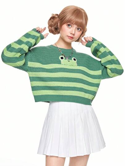 Kawaii Pull à col rond, manches longues et épaules dénudées, avec motif de rayures et de grenouilles mignon, pour femme