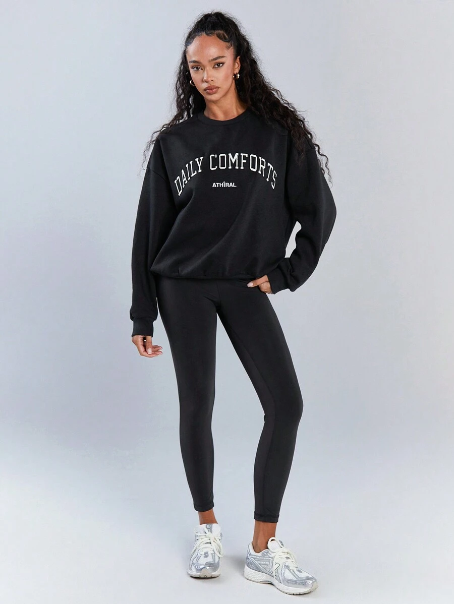 Athîral Women's Casual Letter Print Round Neck Long Sleeve Sweatshirt, Daily Wear - Black - View 1