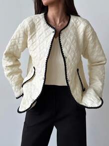Aloruh Nueva chaqueta gruesa de color block con cuello de bufanda, bolsillos, para esquiar, pasear o salir, en diseño sencillo y liso - Beis - Ver 6