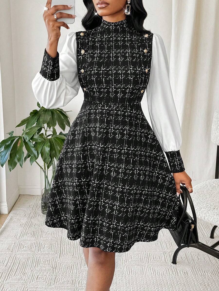 SHEIN Lady Vestido elegante de mujer con diseño de puntadas blancas en el bajo, adornado con hebilla metálica con estampado de tweed