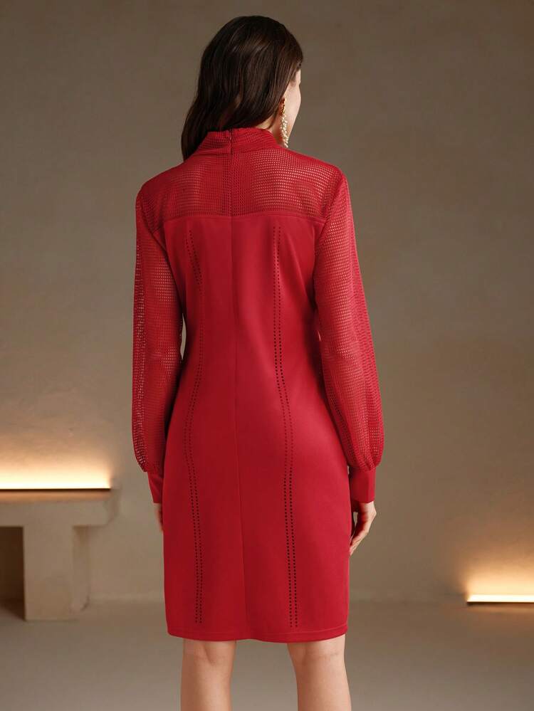 Women's Knit Hollow-Out Jacquard Elegant Unique Design Dress Burgundy Color Women Outfit