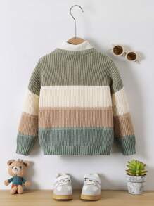 SHEIN Vintaside Kids Suéter grueso de niño casual con bloques de color, rayas anchas y patchwork, versátil y adecuado para otoño/invierno