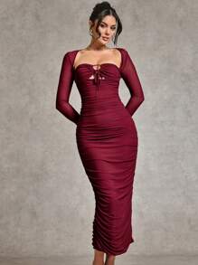 SHEIN BAE Vestido de fiesta de manga larga con diseño hueco elegante para invierno y Navidad, color rojo vino, adecuado para citas románticas, eventos formales y fiestas