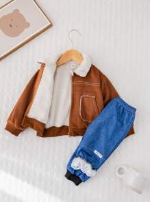 SHEIN 2pcs/Set Baby Boys/Girls Thick Sherpa Collar Jacket And Elastic Waist Blue Pants Suit, Warm Winter Outfit For Outdoor, Skiing - Multicolor - View 3