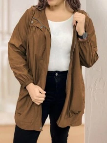 Calvaya Plus Size Jednolity kolor Zamek błyskawiczny z przodu Długi rękaw Kieszeń Minimalistyczna swobodna bluza z kapturem