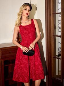 Vintamour Vestido vintage elegante de mujer con cuello en V sin mangas, estampado floral jacquard, con lazo en la cintura, corte evasé, mini para primavera y verano, ropa de mujer para invierno, conjunto de Acción de Gracias, atuendo navideño, vestido rojo de Navidad, vestido de Fin de Año, vestido de Acción de Gracias, vestido de vacaciones, vestido de invierno.