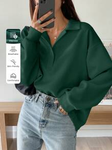 DAZY Half Placket Drop Shoulder Sweatshirt,Fall Clothes - Dark Green - View 6