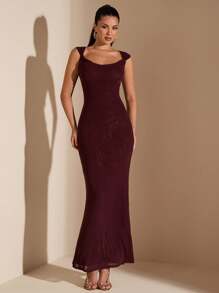 SHEIN BAE Elegante vestido ceñido de color burdeos sexy con espalda descubierta, tirantes cruzados y volantes en el bajo, adecuado para citas diarias, salidas, reuniones en clubs nocturnos y fiestas