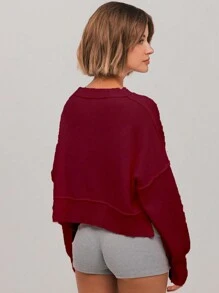 SHEIN Unity 女士纯色落肩红色长袖休闲毛衣，秋冬针织套头衫 - 酒紅色 - 查看 2