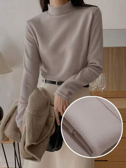 DAZY Women's Basic Autumn/Winter Thermal Lined Mock Neck Knit Undershirt Long Sleeve Top Thermal Lined