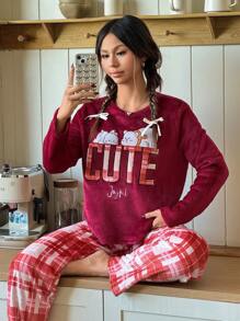 SHEIN 2 件青少年女孩秋冬套装 - 熊和字母刺绣毛衣上衣和格子法兰绒睡裤，柔软舒适 - 紅色 - 查看 5