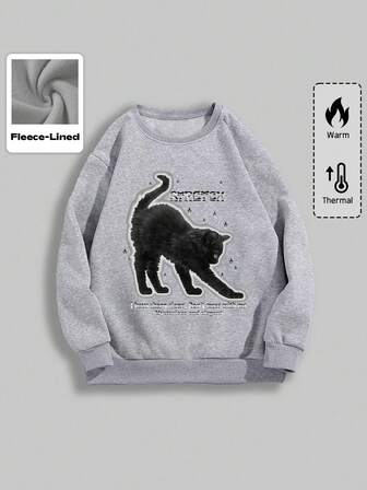 Goth Jersey de cuello redondo de manga larga con estampado de gato oscuro de forro polar para mujer, otoño/invierno
