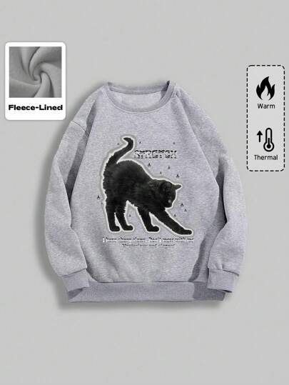 Goth Women's Dark Cat Graphic Fleece Crew Neck Long Sleeve Sweatshirt, Autumn/Winter