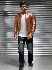 Manfinity VCAY Loose Fit Men's Zip-Up PU Leather Jacket, For Fall Winter - Coffee Brown - View 4