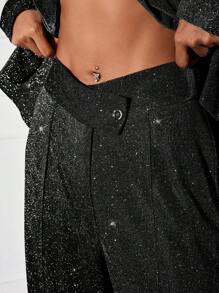 SHEIN SXY Plus Size Women's Elegant Shiny High-Waisted Straight Leg Black Dress Pants, Suitable For Party In Autumn & Winter