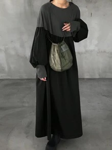 FRIFUL 女式纯色拼接圆领长袖休闲中长连衣裙 - 灰色 - 查看 2