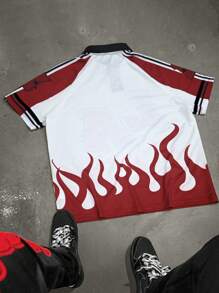 PAVTROS 男士撞色块火焰字母印花领 Polo 衫，送给朋友 - 白色 - 查看 2