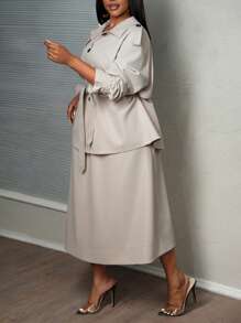 Slaydiva 2pcs Plus Size Women Set: Casual Windbreaker Jacket And Skirt, Autumn - Apricot - View 11