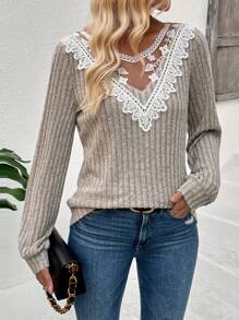 EMERY ROSE Damen Gerippter Kontrast Spitze Transparenter Stickerei Mesh Yoke Langarm Strickpullover für Herbst