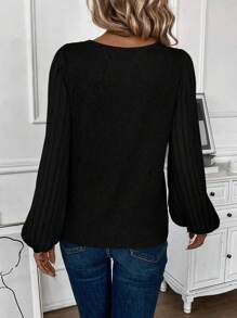 SHEIN LUNE Women Solid V-Neck Ribbed Long Sleeve Casual Loose T-Shirt, Autumn For Spring Fall Cloth For Women - Black - View 2