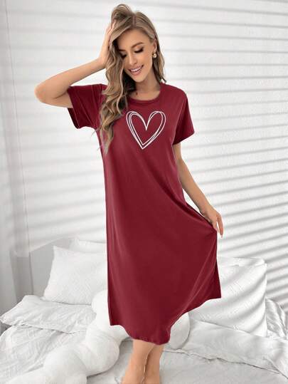 Crew Neck Short Sleeve Minimalist Heart Print Nightgown, Moo view 3