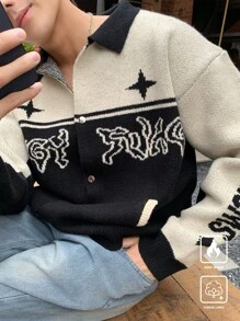 Manfinity Hypemode Men's Color Contrast Letter Print Drop Shoulder Long Sleeve Casual Cardigan, Autumn/Winter