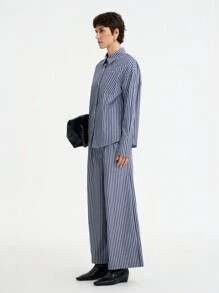 SHEIN LUNE Set de 2 piezas de camisa de manga larga a rayas y pantalón de pierna ancha informal para mujer - Azul y blanco - Ver 6