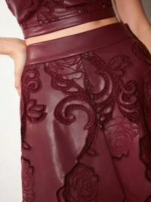 Anewsta Falda midi elegante de cintura alta en A con bordado de PU, burdeos