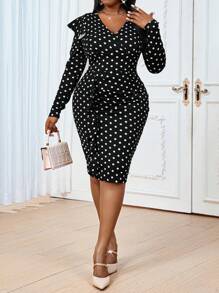 SHEIN Lady 秋冬优雅休闲工作派对黑白波尔卡圆点美人鱼露肩女装大码连衣裙