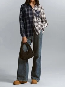 Aveloria Affinna Blusa de manga larga con diseño asimétrico a cuadros, suelta y oversize con hombros caídos, estilo casual y versátil, con un aspecto relajado y elegante, que se puede usar sola o como camisa abotonada, para mujer, ideal para el Día de San Valentín, primavera/verano