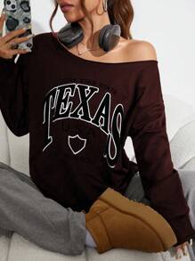Flirla 1 pieza Sudadera casual con hombros descubiertos con letras en inglés de estilo elegante