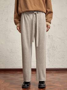 AKNOTIC Business Casual Men's Khaki Knit Loose Drawstring Straight Casual Sweatpants, Suitable For Autumn/Winter, Everyday Wear - Khaki - View 5