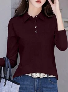 INAWLY Women's Solid Color Button Front Long Sleeve Casual T-Shirt, Simple For Everyday Wear Fall Cloth For Women - Burgundy - View 3