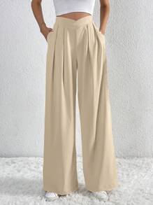 SHEIN Essnce Quần ống rộng xếp ly eo không đối xứng màu trơn cỡ lớn cho nữ - Màu be - Xem 1