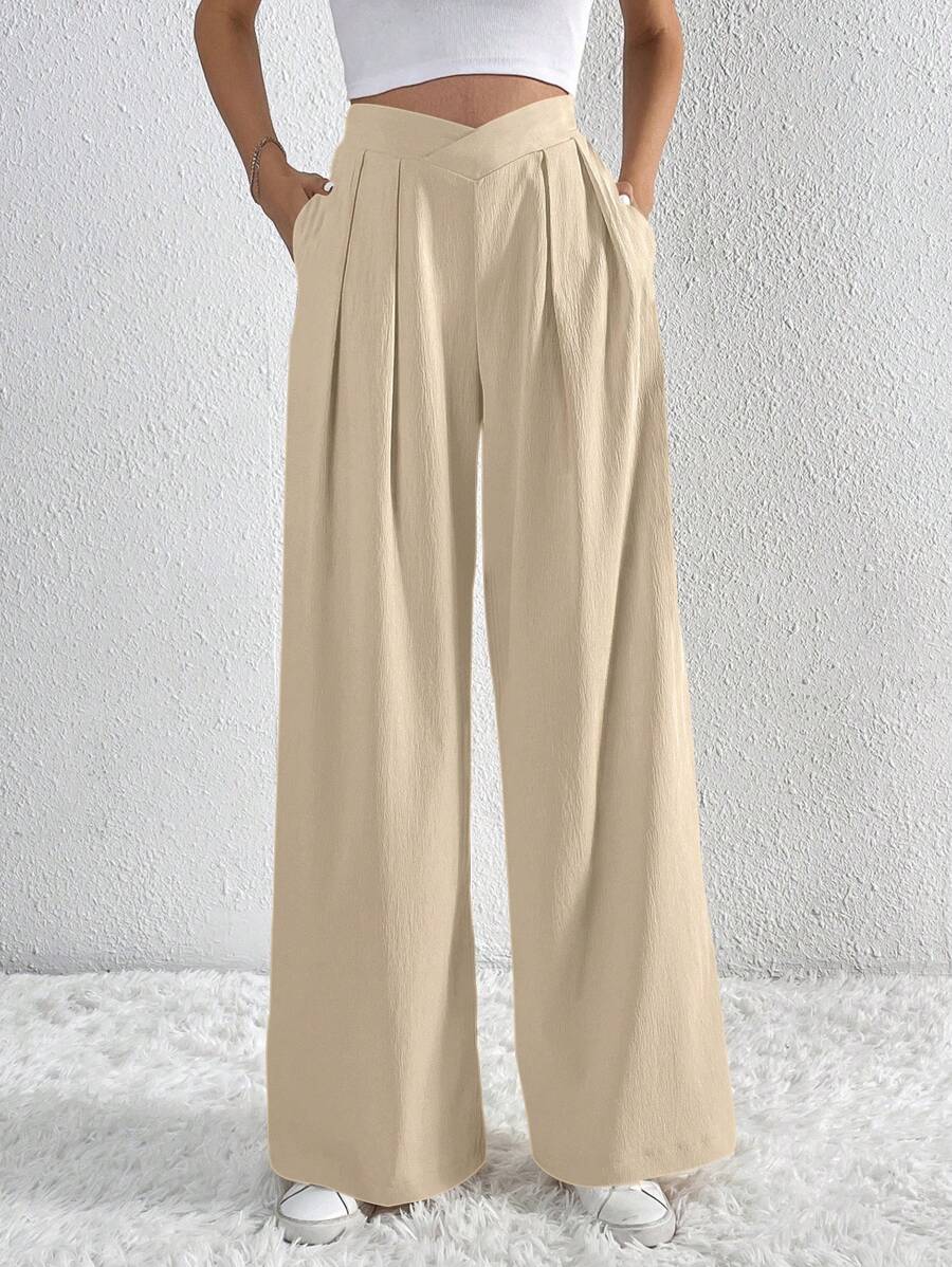 SHEIN Essnce Quần ống rộng xếp ly eo không đối xứng màu trơn cỡ lớn cho nữ - Màu be - Xem 1