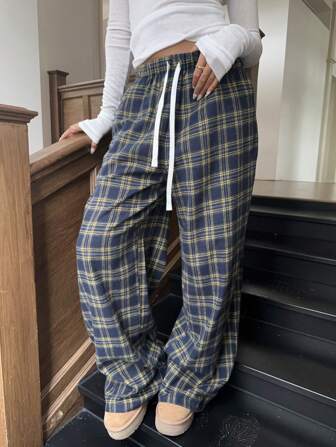 CovetEZ Women's Plaid Pattern Wide Leg Color Blocking Comfortable Pants, Suitable For Autumn/Winter Suitable For Going Out