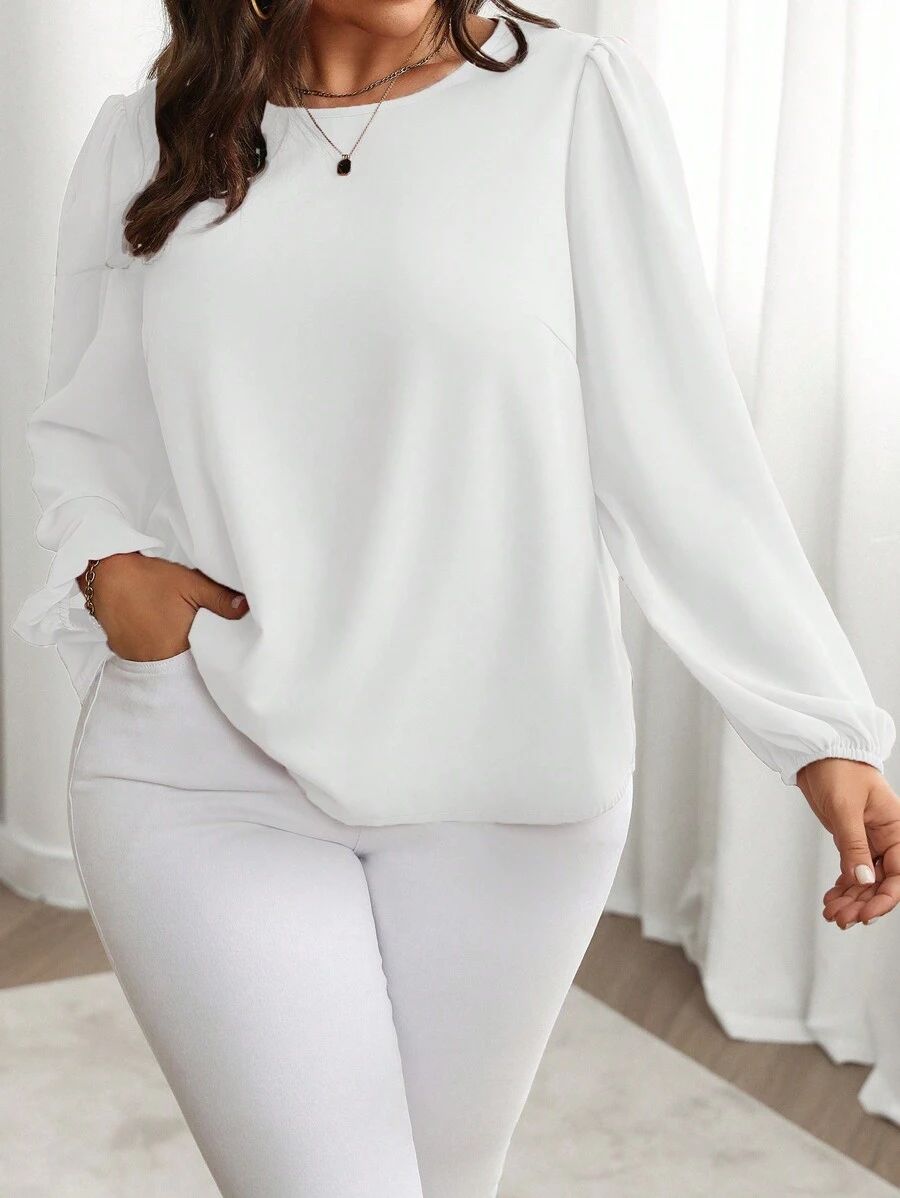 Juhart Áo cánh tay đèn lồng cổ tròn màu trơn cỡ lớn cho nữ, mùa thu - trắng - Xem 1