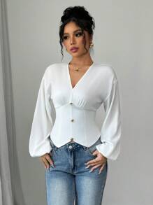 Elenzga Women's Elegant Fashion Commute Long Sleeve V-Neck Waisted Gold Button Solid Color Satin Blouse