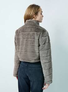 TRNVIE 1 件女士时尚蓬松领前拉链短夹克，百搭简约设计，灰棕色，秋冬 - 深灰色 - 查看 2