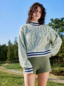 Skyraze 女士蓝白撞色罗纹边立领长袖毛衣 - 藍白色 - 查看 1