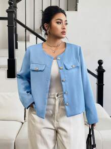 SHEIN Clasi Damen Große Größen Jacke mit Metallknopf-Dekor in Unifarbe, Langarm - Blau - Übersicht 3