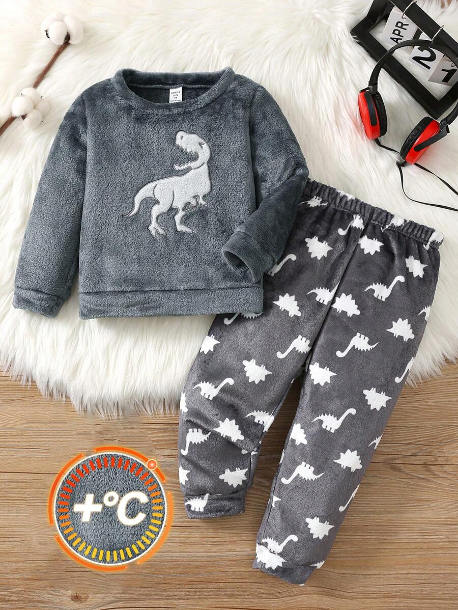 SHEIN 2 件冬季男童卡通恐龙刺绣圆领长袖上衣和裤子柔软舒适双面法兰绒睡衣套装 - 灰色 - 查看 1