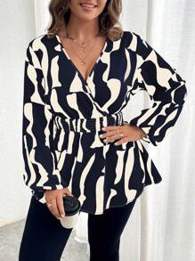 Celure Long Sleeve Wrap Collar Criss-Cross Umbrella Hem Geometric Print Shirt Peplum Top