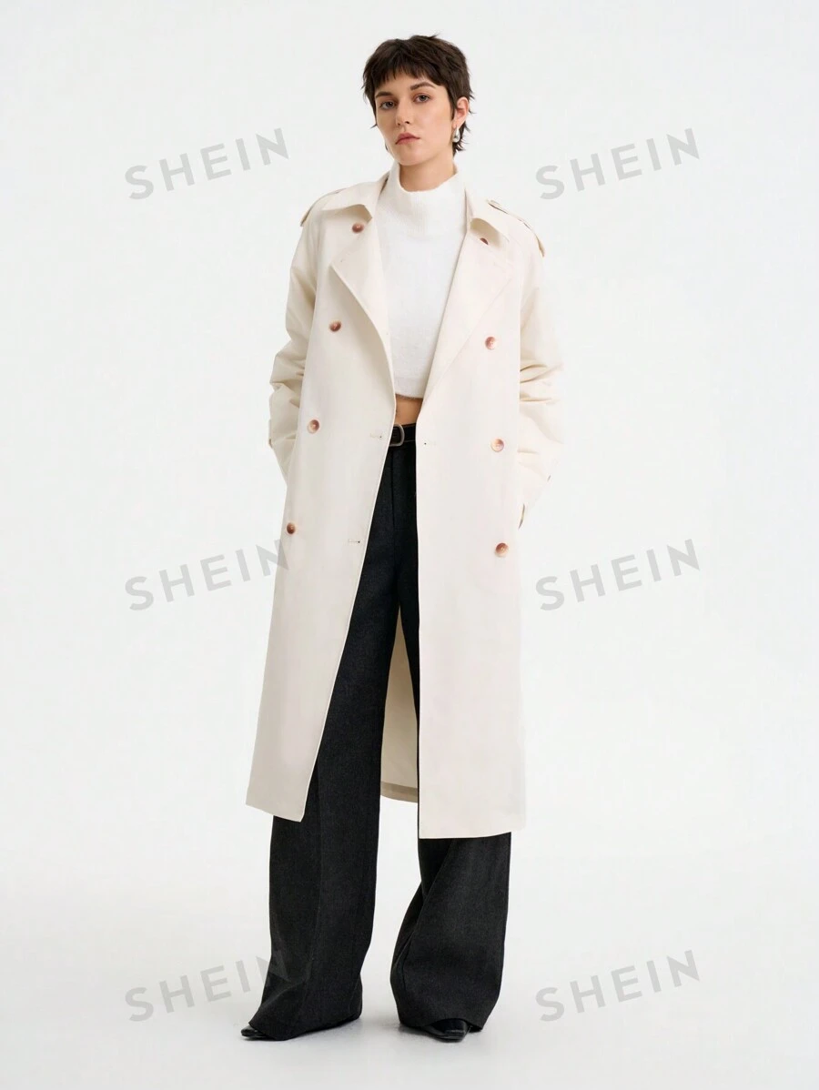 Aalyst Abrigo largo estilo trinchera de doble botonadura de unicolor casual de otoño